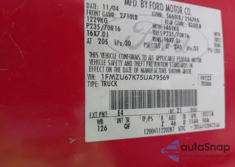 2005 Ford Explorer Sport Trac Adrenalin/Xls/Xlt from USA, damaged, VIN 1FMZU67K75UA79569